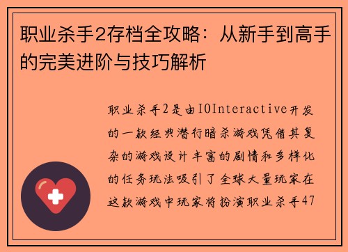 职业杀手2存档全攻略：从新手到高手的完美进阶与技巧解析